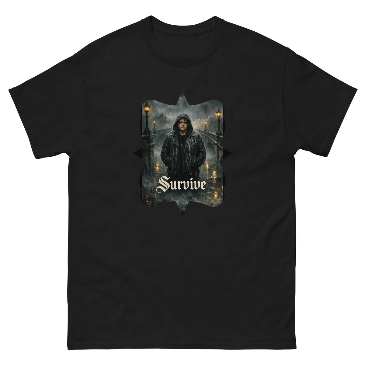 Black crew-neck unisex cotton T-shirt with central gothic “Survive” graphic print
