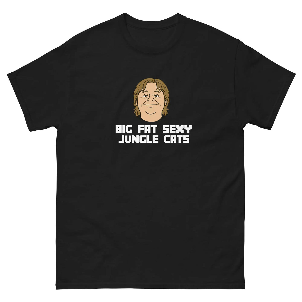 Unisex black cotton T-shirt with 'Big Fat Sexy Jungle Cats' front graphic