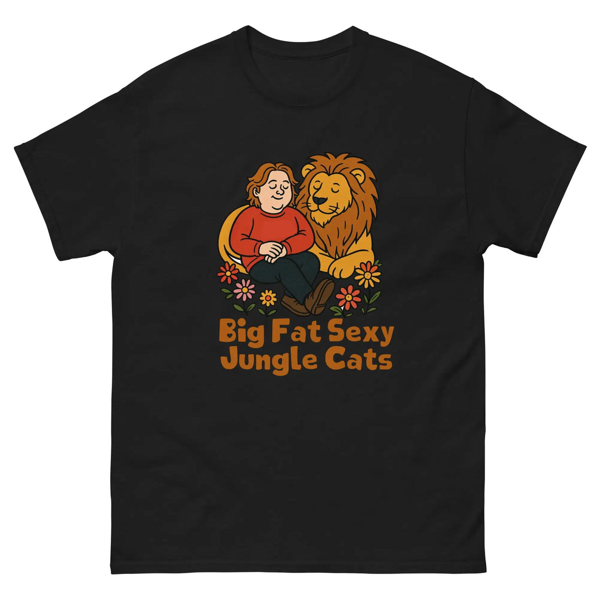 Black cotton graphic tee with lion couple and 'Big Fat Sexy Jungle Cats' text
