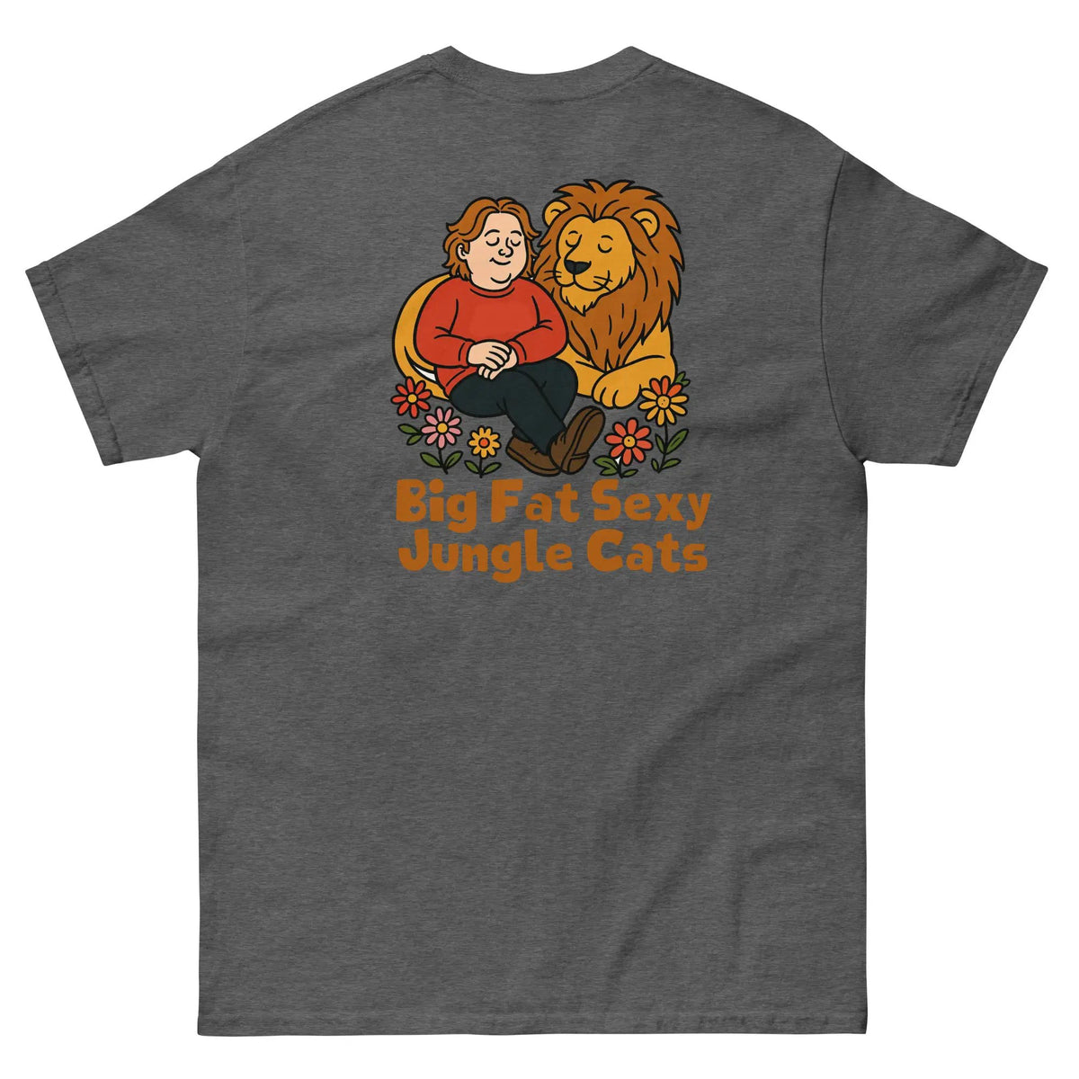 Dark heather gray cotton graphic tee (back) with lion couple and 'Big Fat Sexy Jungle Cats' text