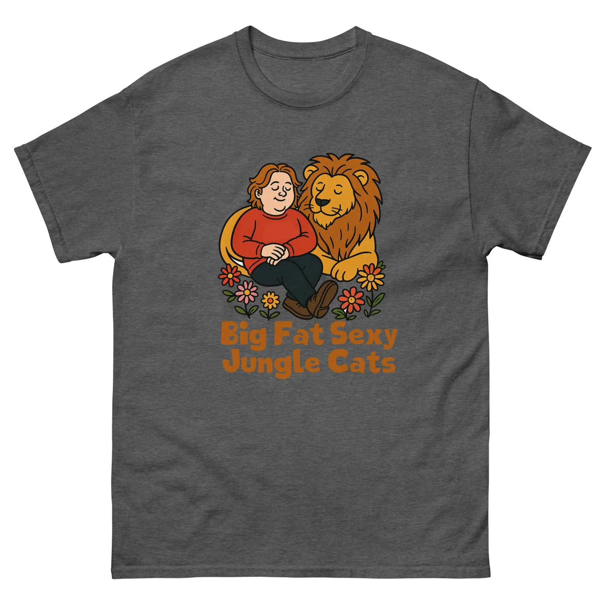 Dark heather gray cotton graphic tee with lion couple and 'Big Fat Sexy Jungle Cats' text