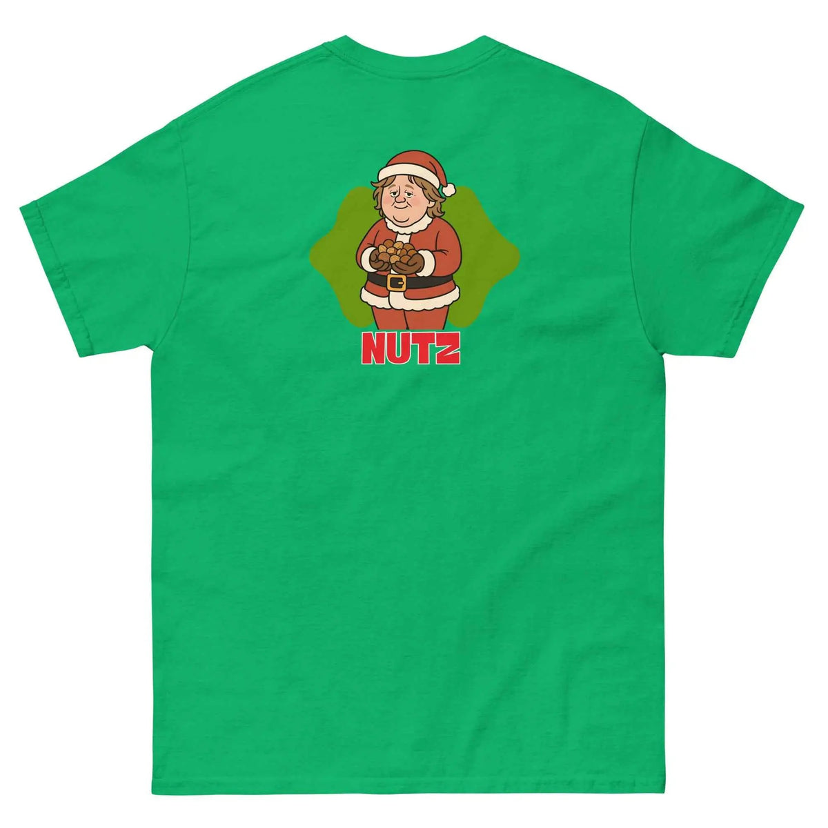 Green unisex Christmas T-shirt, back view, with cartoon chef graphic and “NUTZ” text