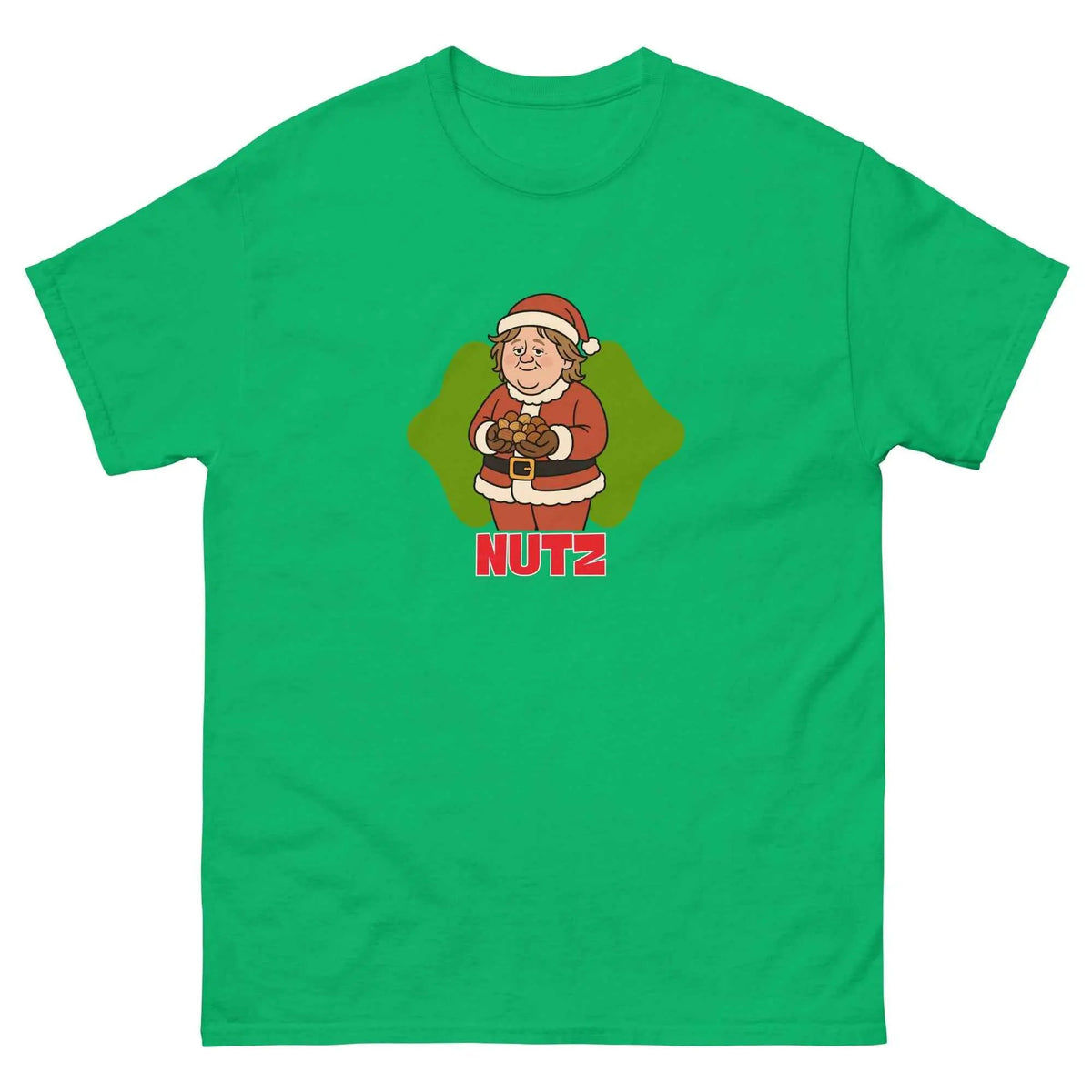 Green unisex Christmas T-shirt with cartoon chef graphic and “NUTZ” text
