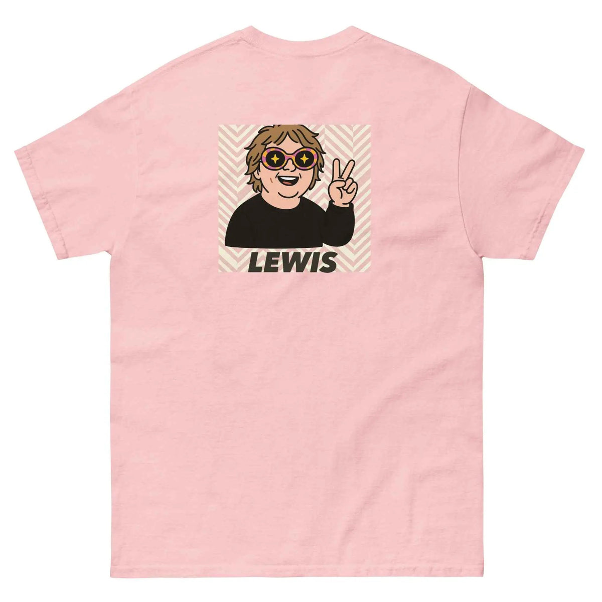 Light pink unisex crew neck T-shirt with back cartoon Lewis graphic