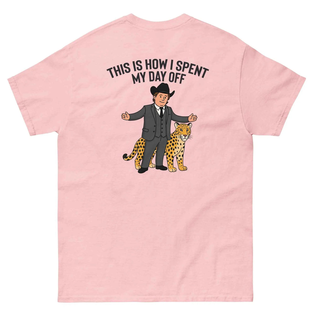 Light pink unisex T-shirt with crew neck and cartoon text graphic on back