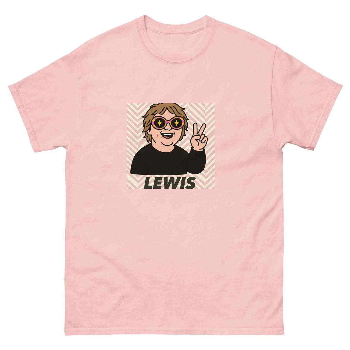 Light pink unisex crew neck T-shirt with front cartoon Lewis graphic