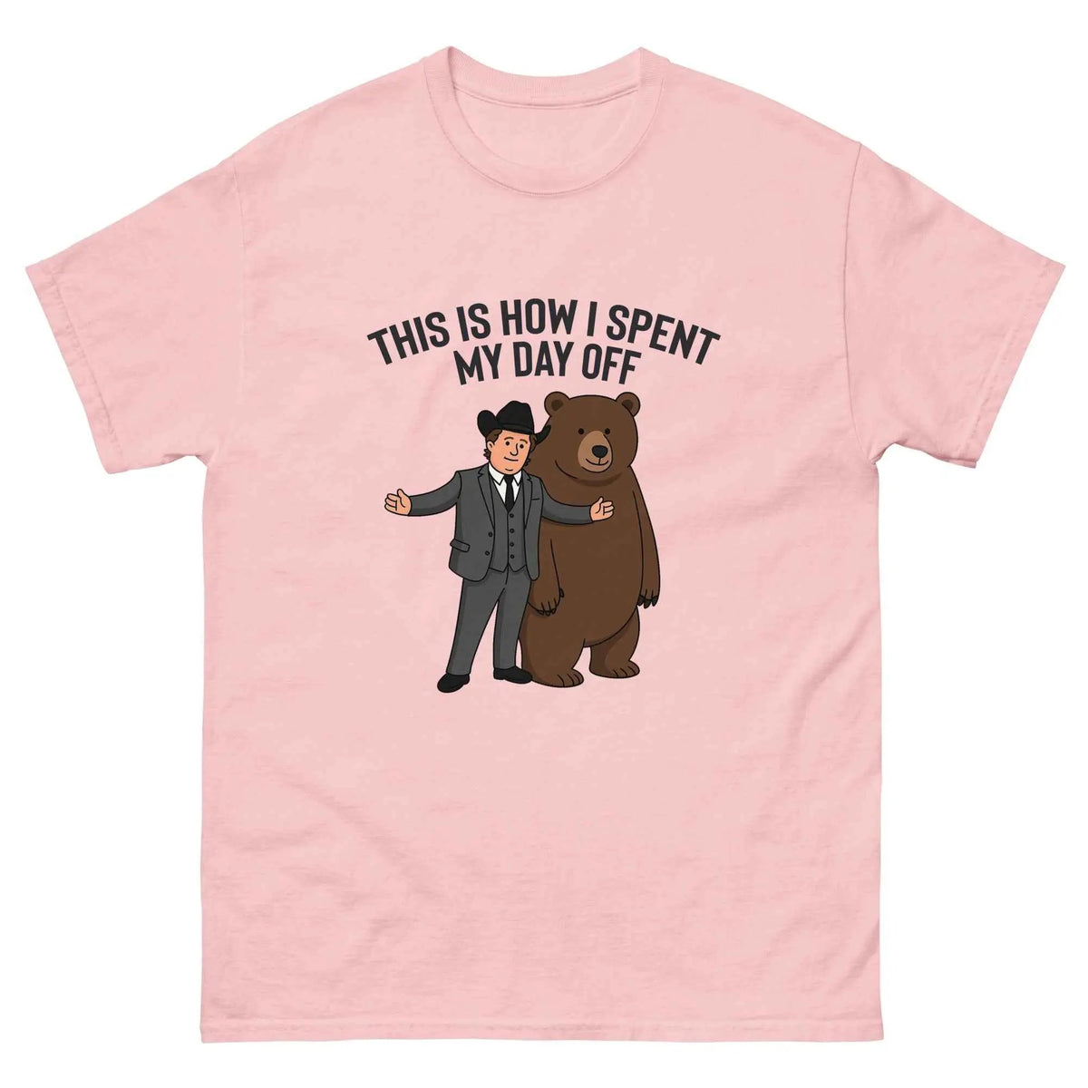 Unisex graphic T-shirt in light pink with printed message and man hugging bear