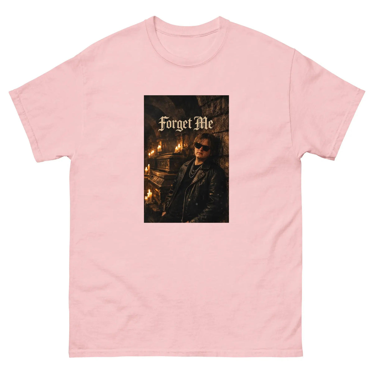 Light pink unisex cotton T-shirt with 'Forget Me' gothic photo graphic on front
