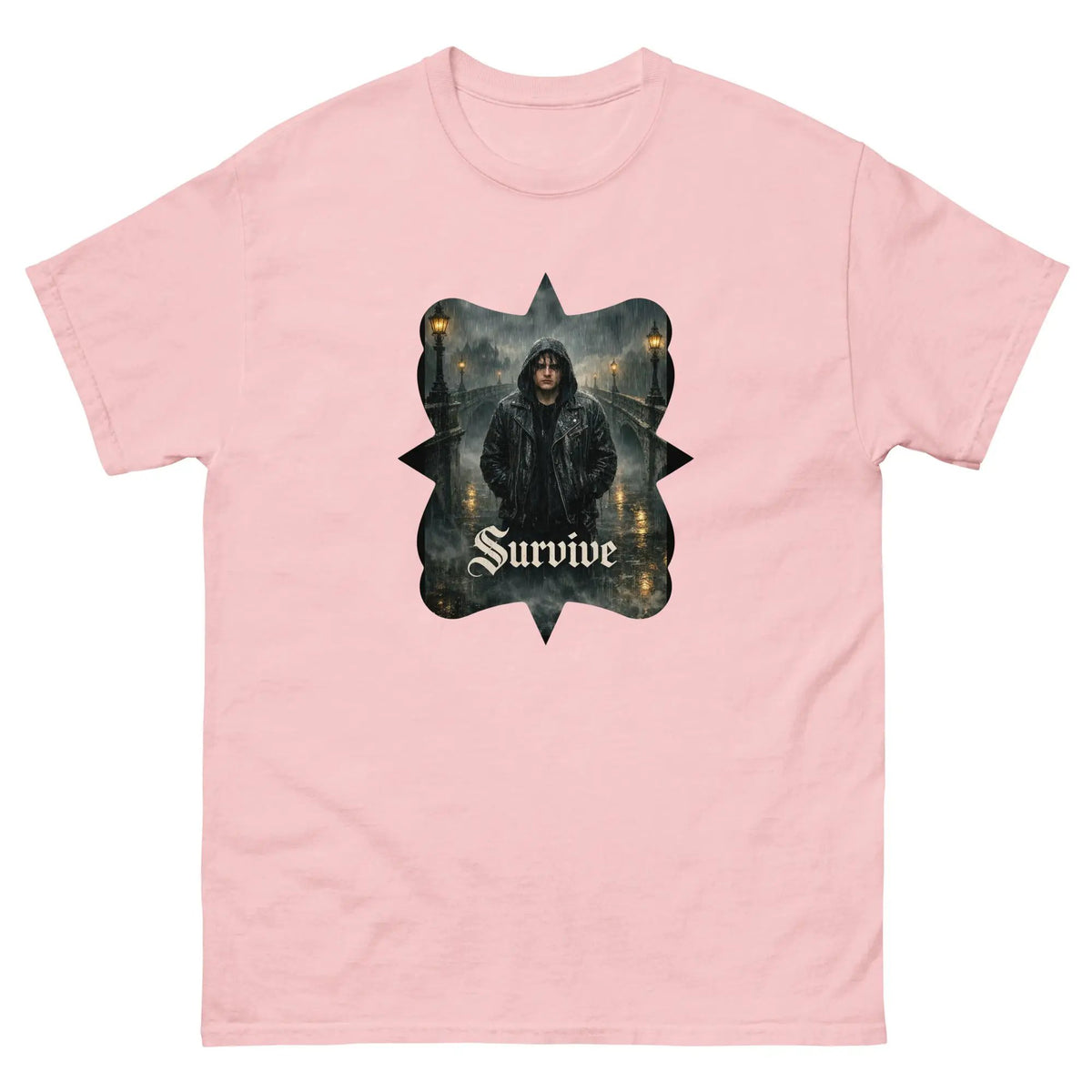 Light pink crew-neck unisex cotton T-shirt with central gothic “Survive” graphic print