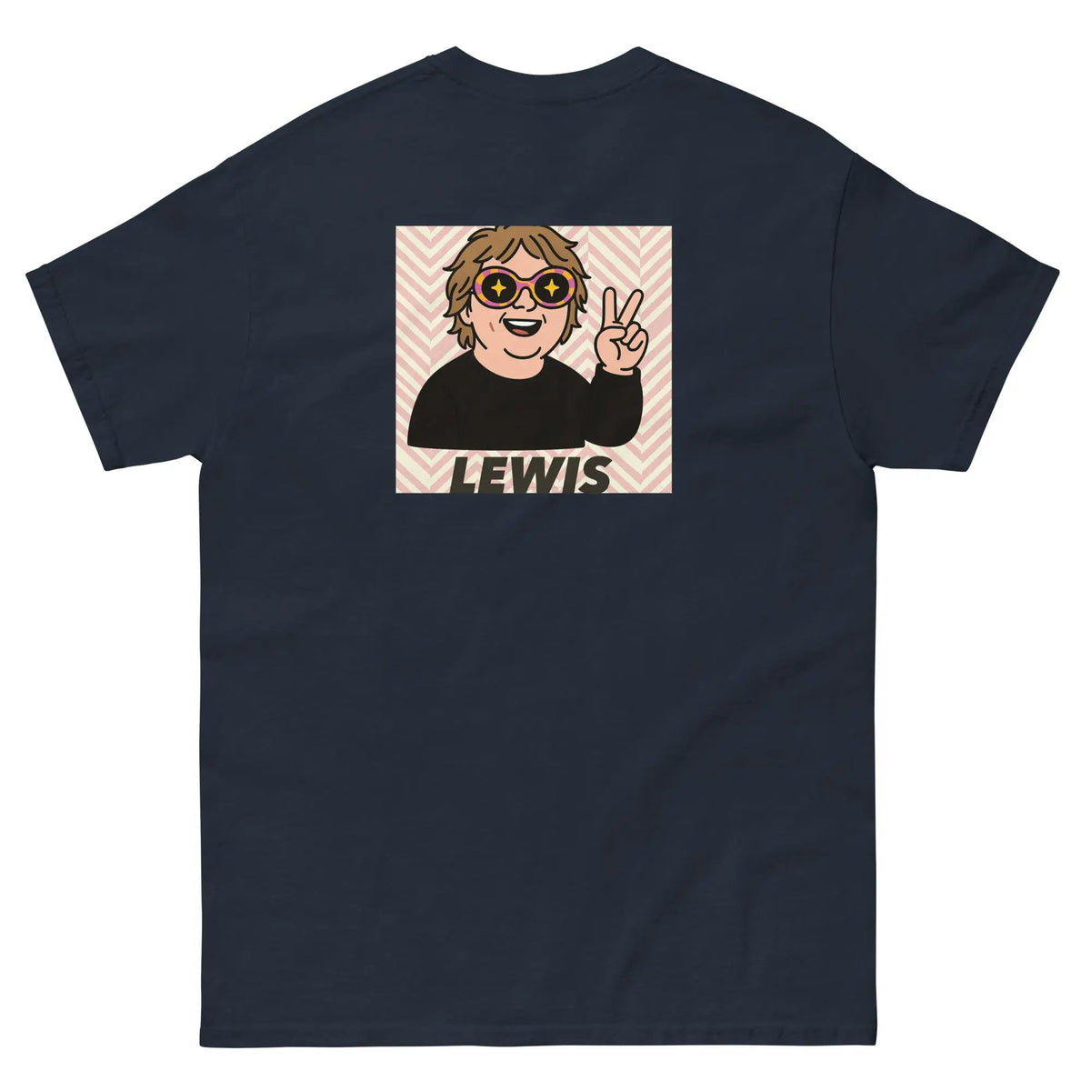Navy unisex crew neck T-shirt with back cartoon Lewis graphic