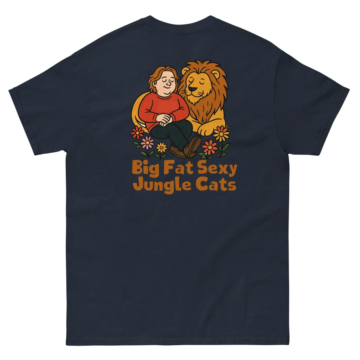 Navy cotton graphic tee (back) with lion couple and 'Big Fat Sexy Jungle Cats' text