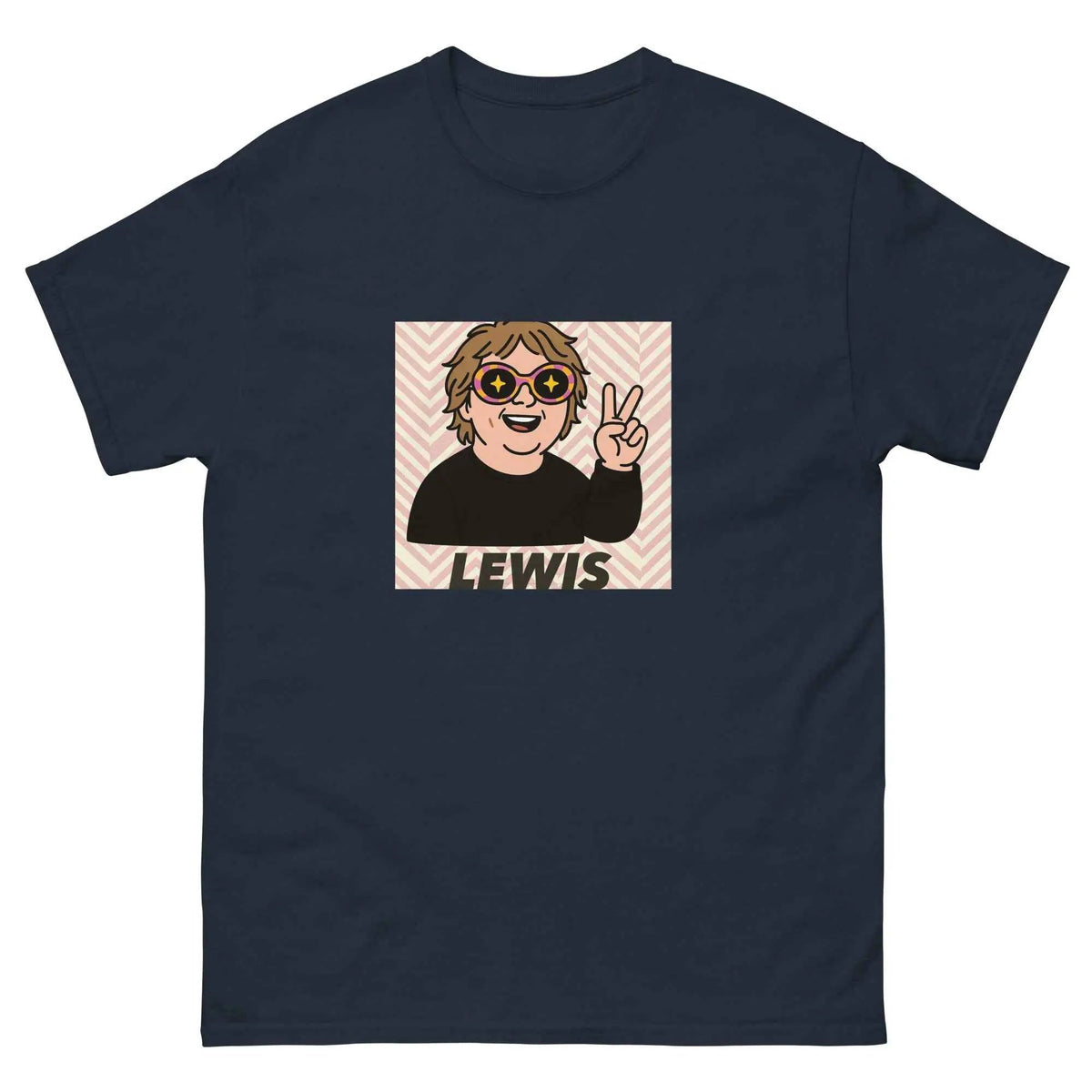 Navy unisex crew neck T-shirt with front cartoon Lewis graphic