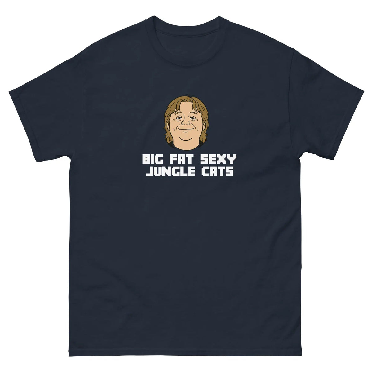 Unisex navy cotton T-shirt with 'Big Fat Sexy Jungle Cats' front graphic
