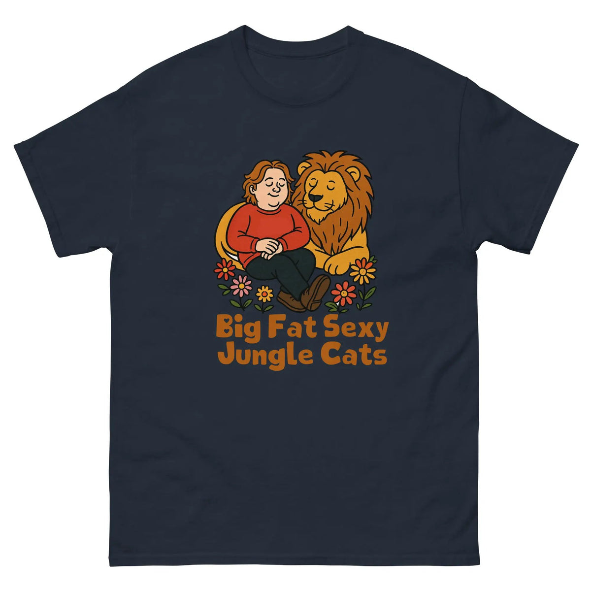 Navy cotton graphic tee with lion couple and 'Big Fat Sexy Jungle Cats' text