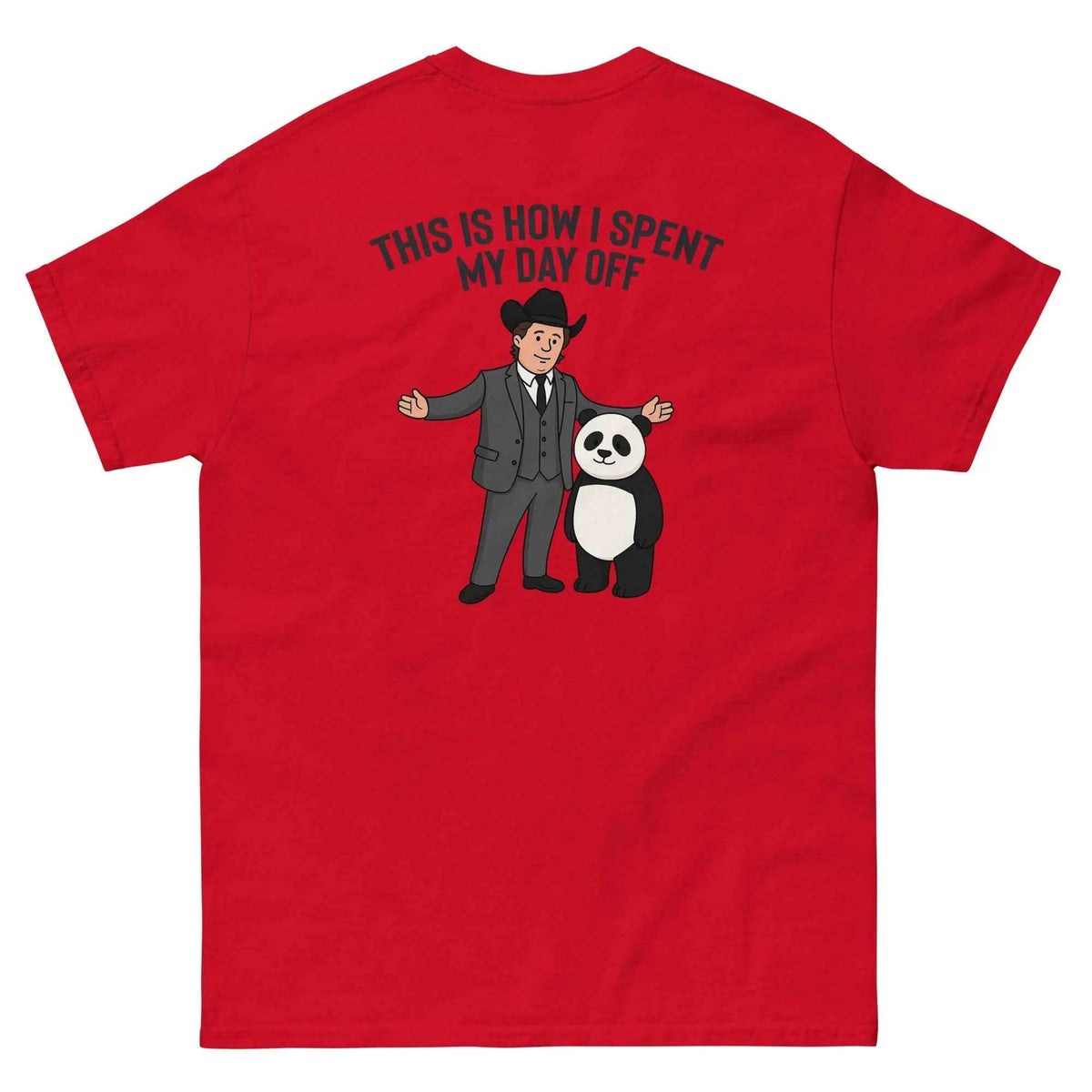 Red unisex graphic T-shirt, back view, cartoon man and panda with 'This is how I spent my day off'