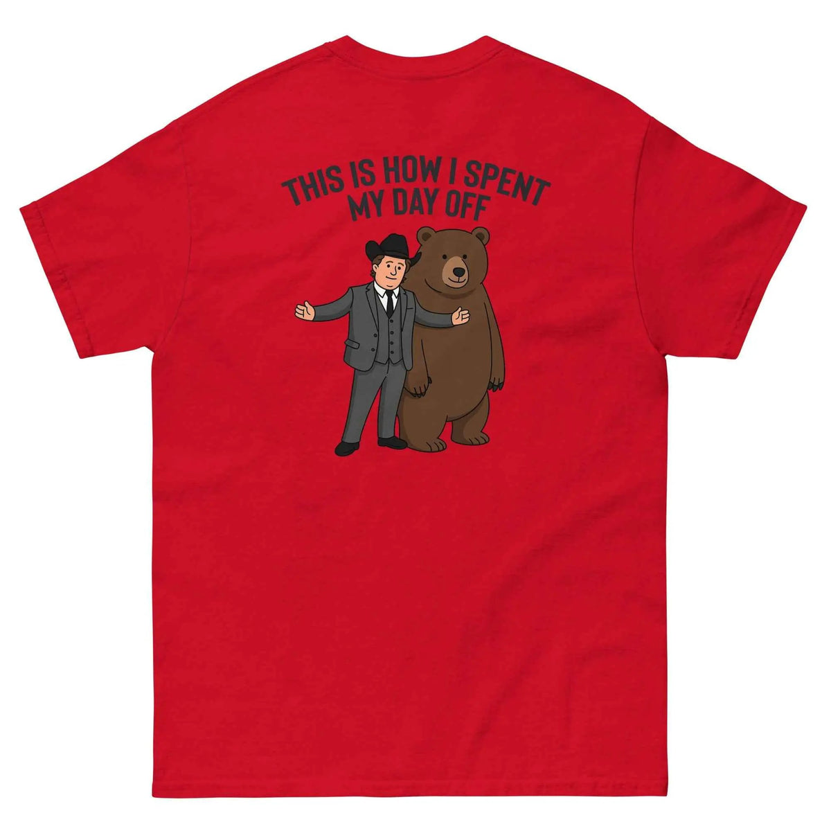 Unisex graphic T-shirt in red with back print of message and man hugging bear