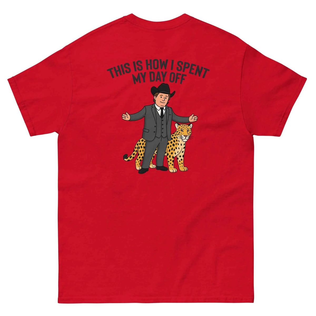 Red unisex T-shirt with crew neck and cartoon text graphic on back