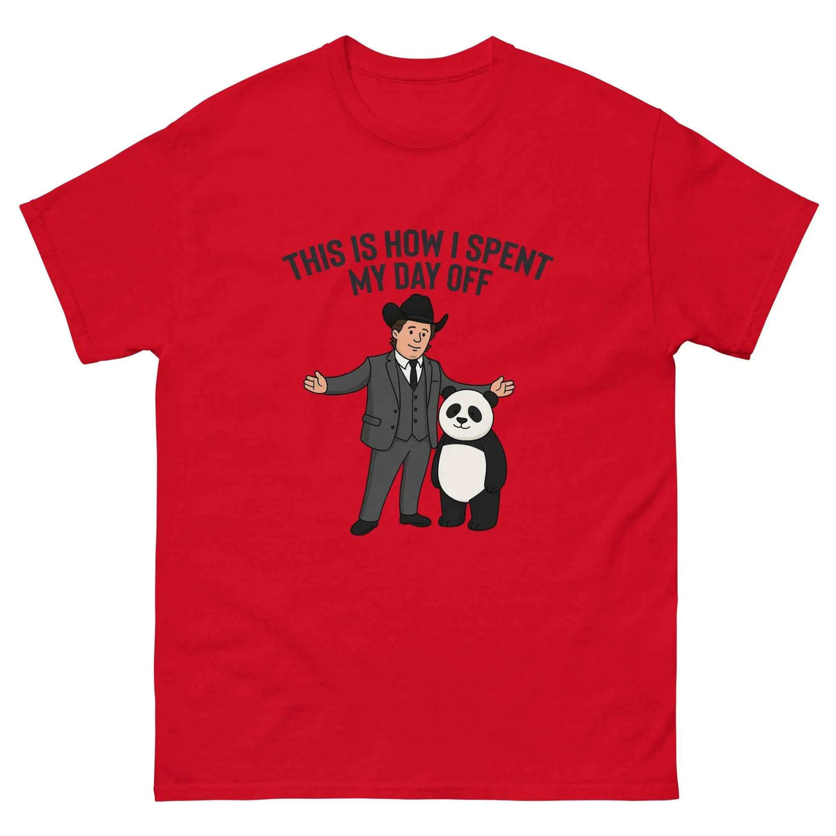 Red unisex graphic T-shirt with cartoon man and panda, 'This is how I spent my day off' text