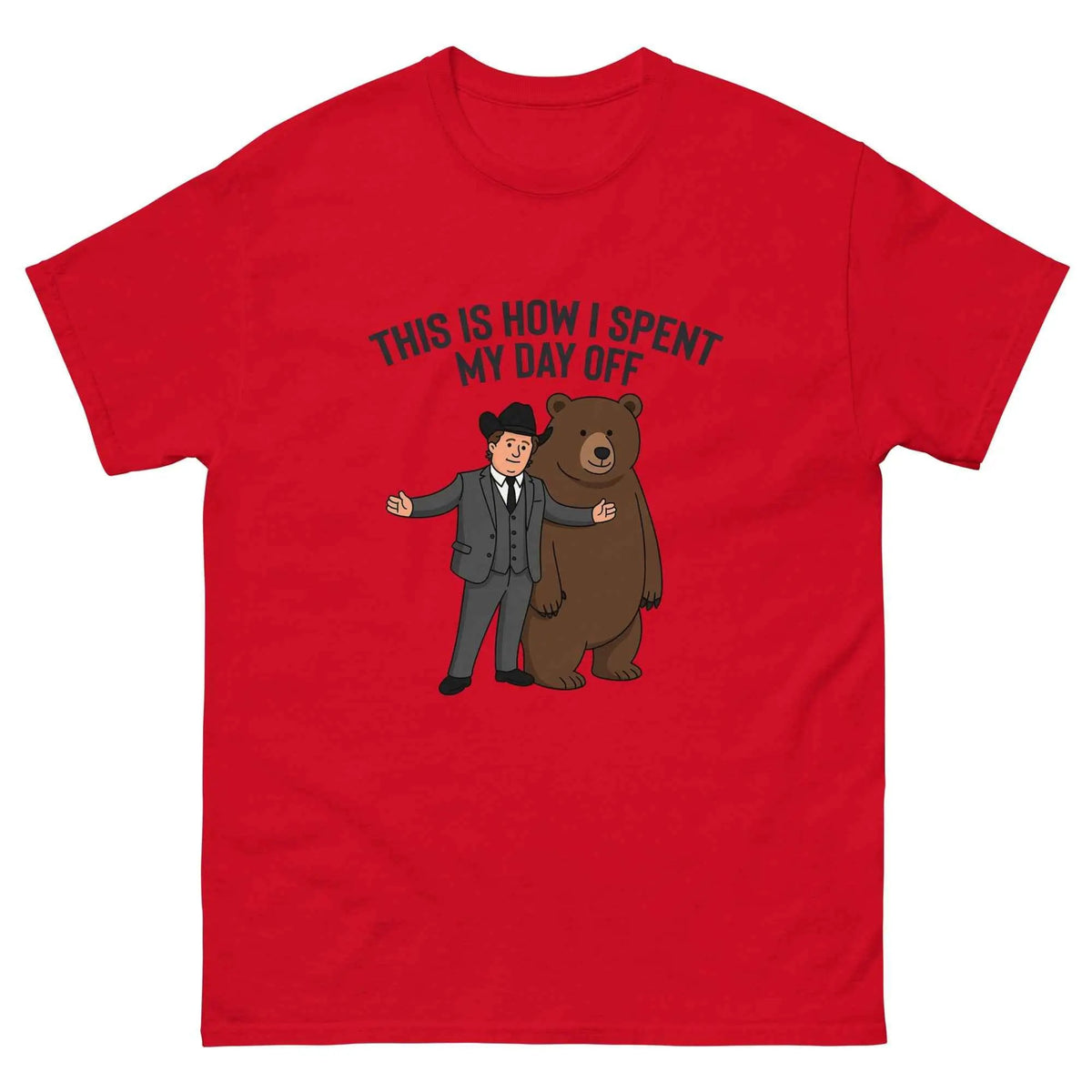 Unisex graphic T-shirt in red with printed message and man hugging bear