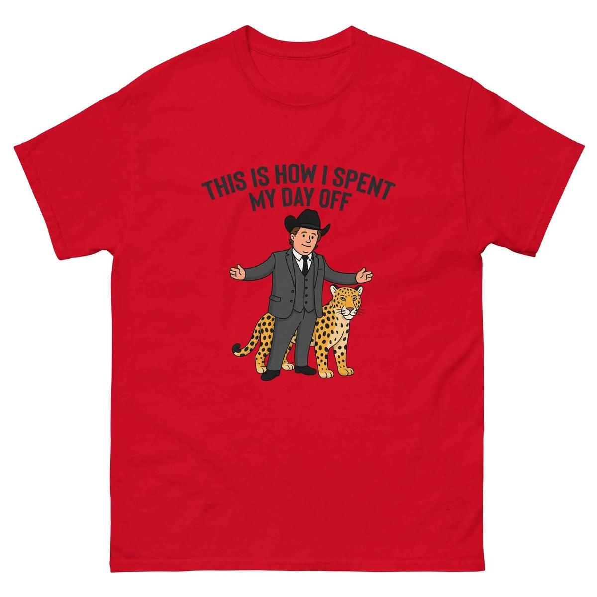 Red unisex T-shirt with crew neck and cartoon text graphic on front
