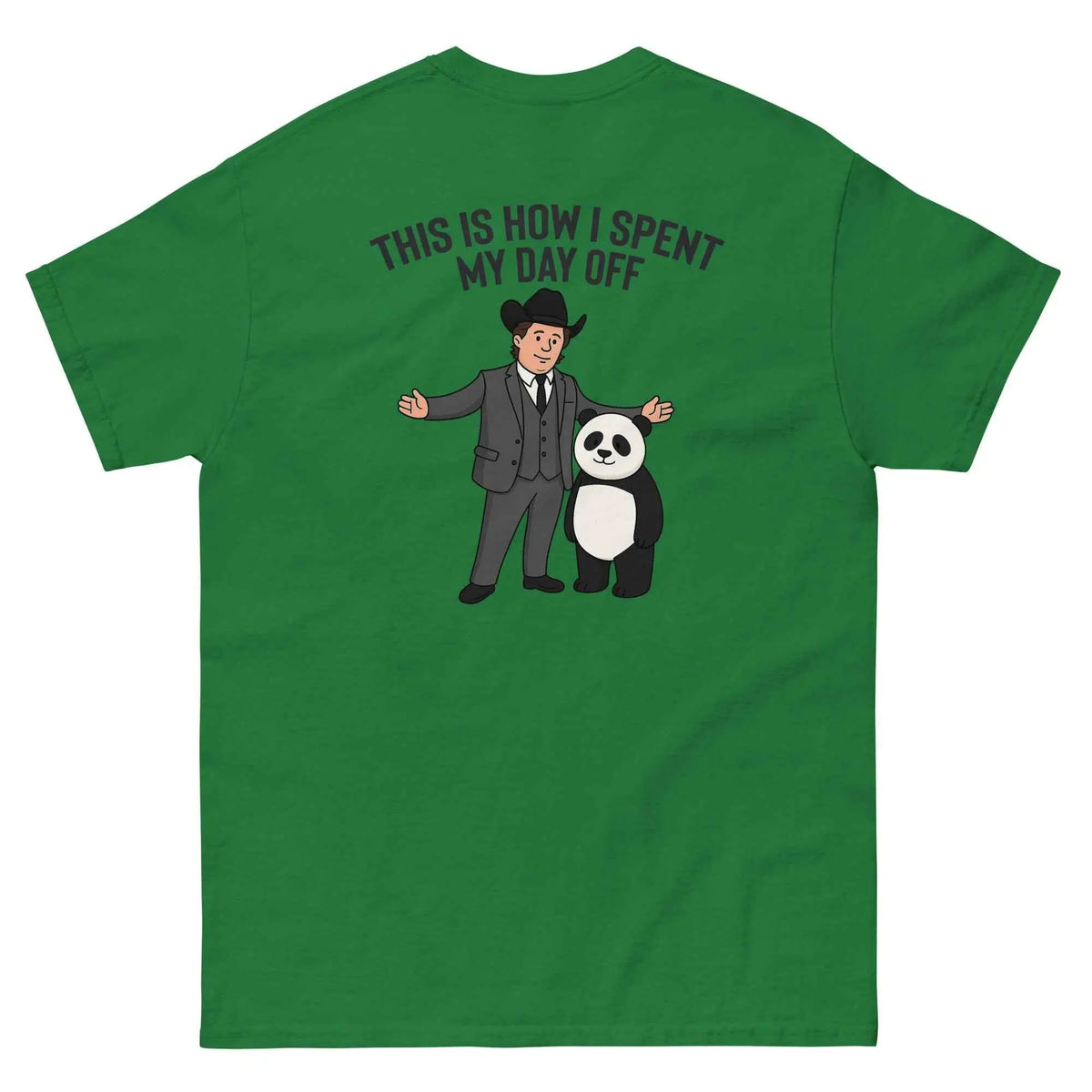 Green unisex graphic T-shirt, back view, cartoon man and panda with 'This is how I spent my day off'