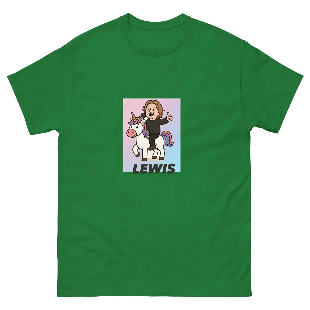 Unisex turf green crew neck T-shirt with unicorn graphic and "LEWIS" front print