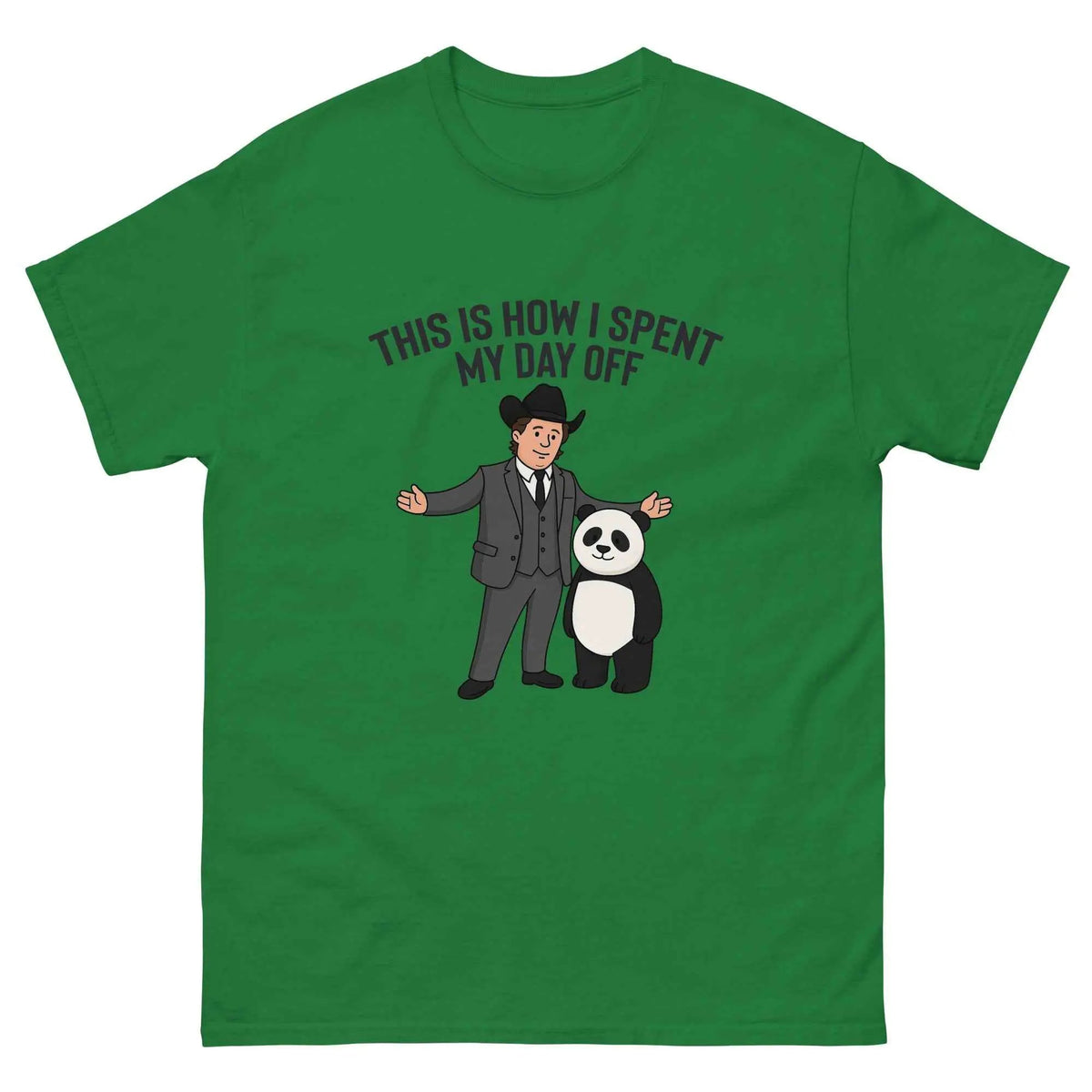 Green unisex graphic T-shirt with cartoon man and panda, 'This is how I spent my day off' text