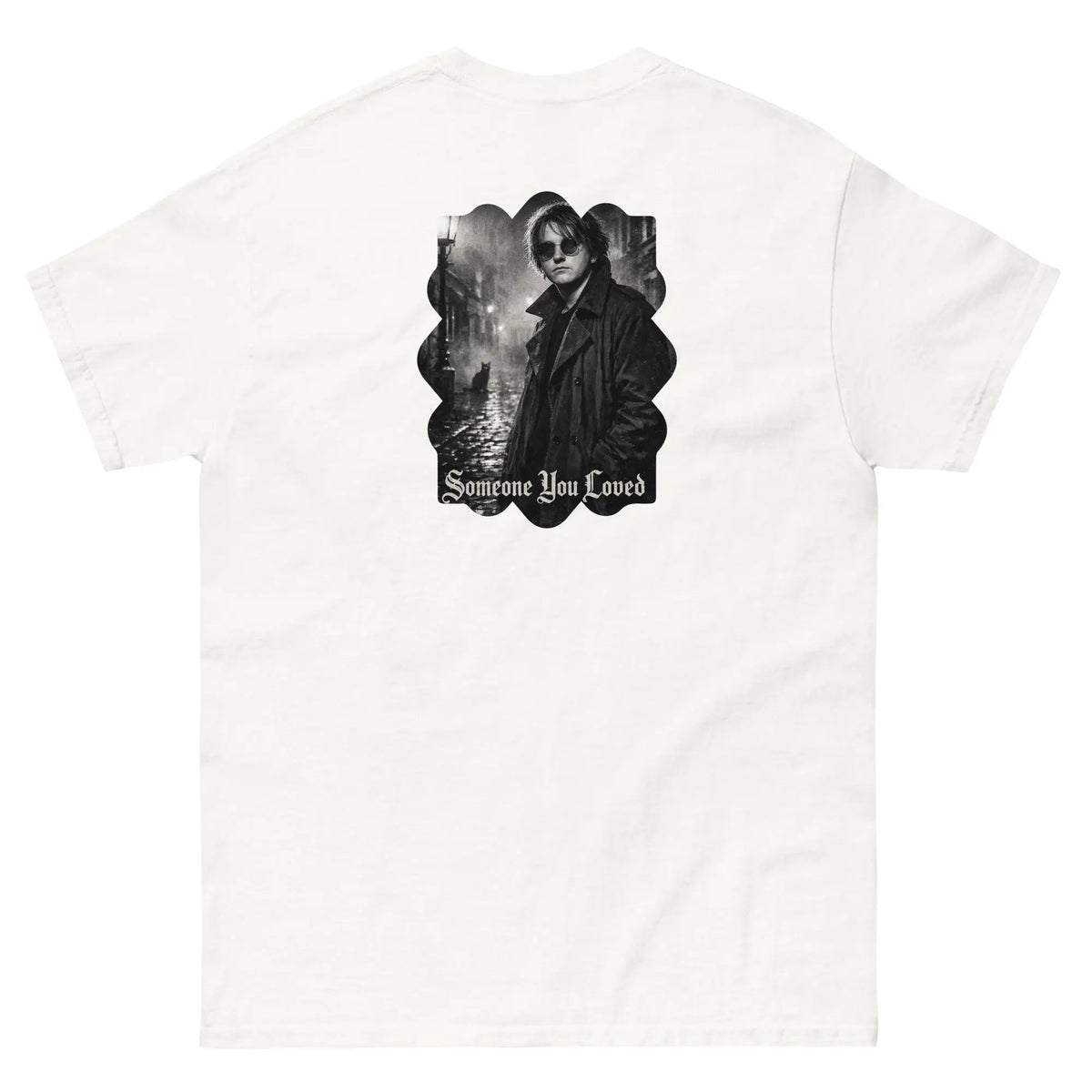 White unisex graphic cotton T-shirt with Lewis Capaldi portrait back print