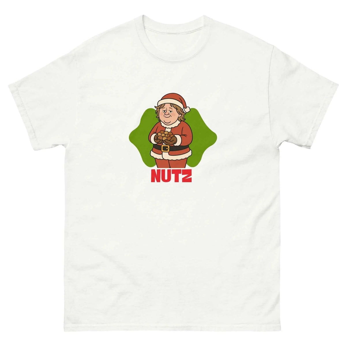 White unisex Christmas T-shirt with cartoon chef graphic and “NUTZ” text