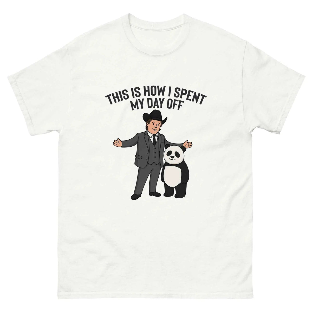 White unisex graphic T-shirt with cartoon man and panda, 'This is how I spent my day off' text