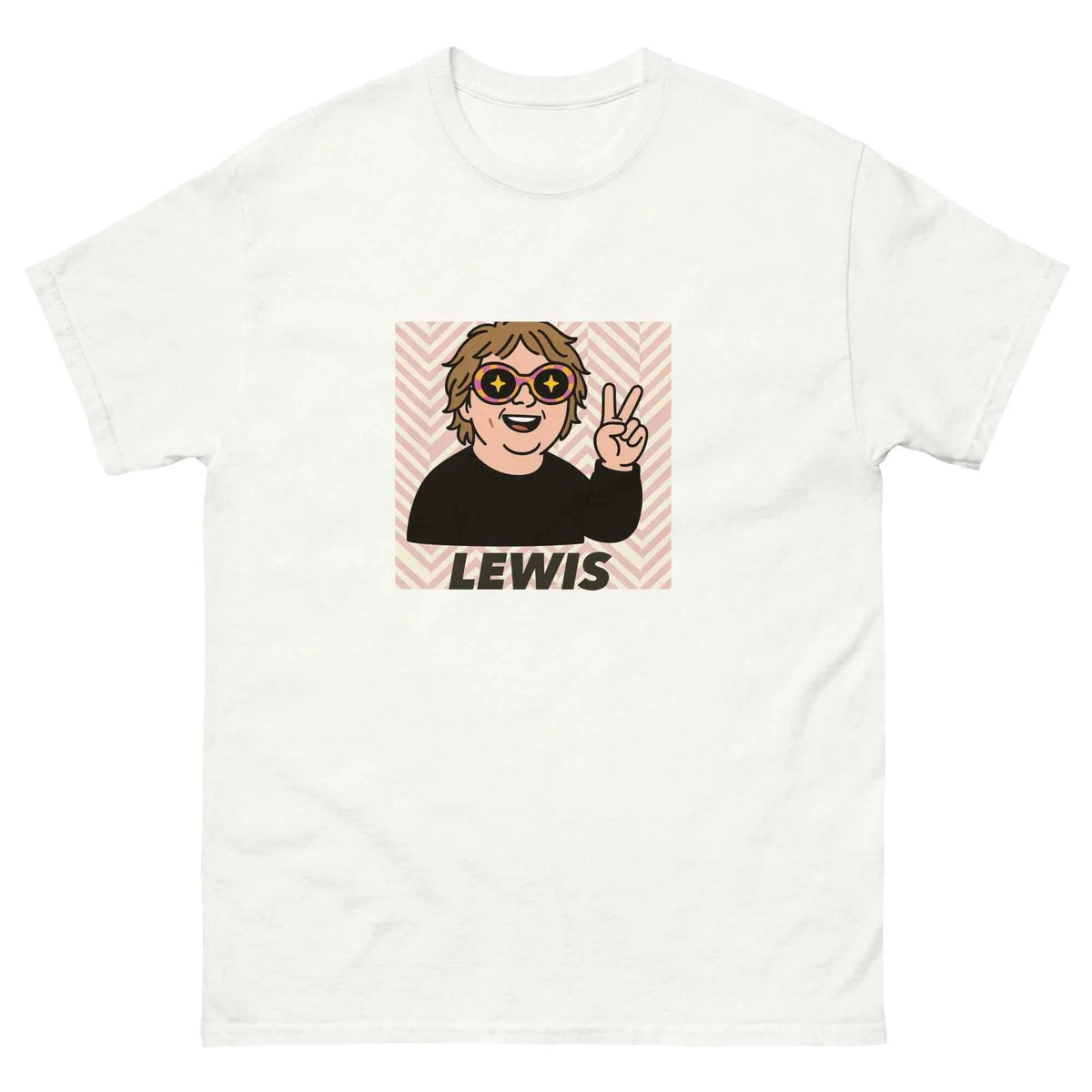 White unisex crew neck T-shirt with front cartoon Lewis graphic