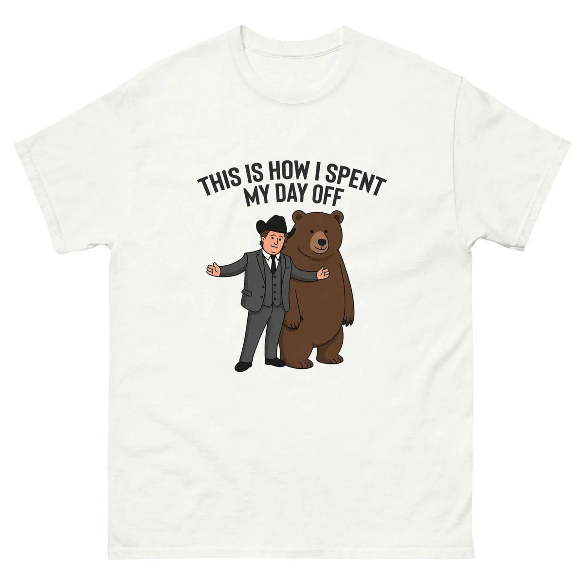 Unisex graphic T-shirt in white with front print message and man hugging bear
