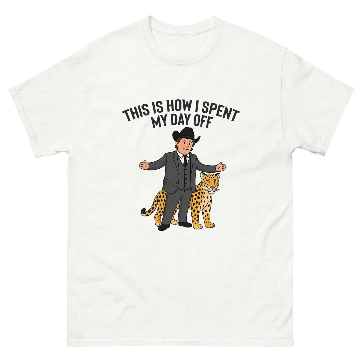 White unisex T-shirt with crew neck and cartoon text graphic on front