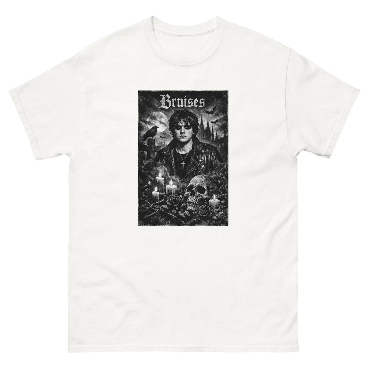 White unisex cotton top with front gothic “Bruises” graphic print