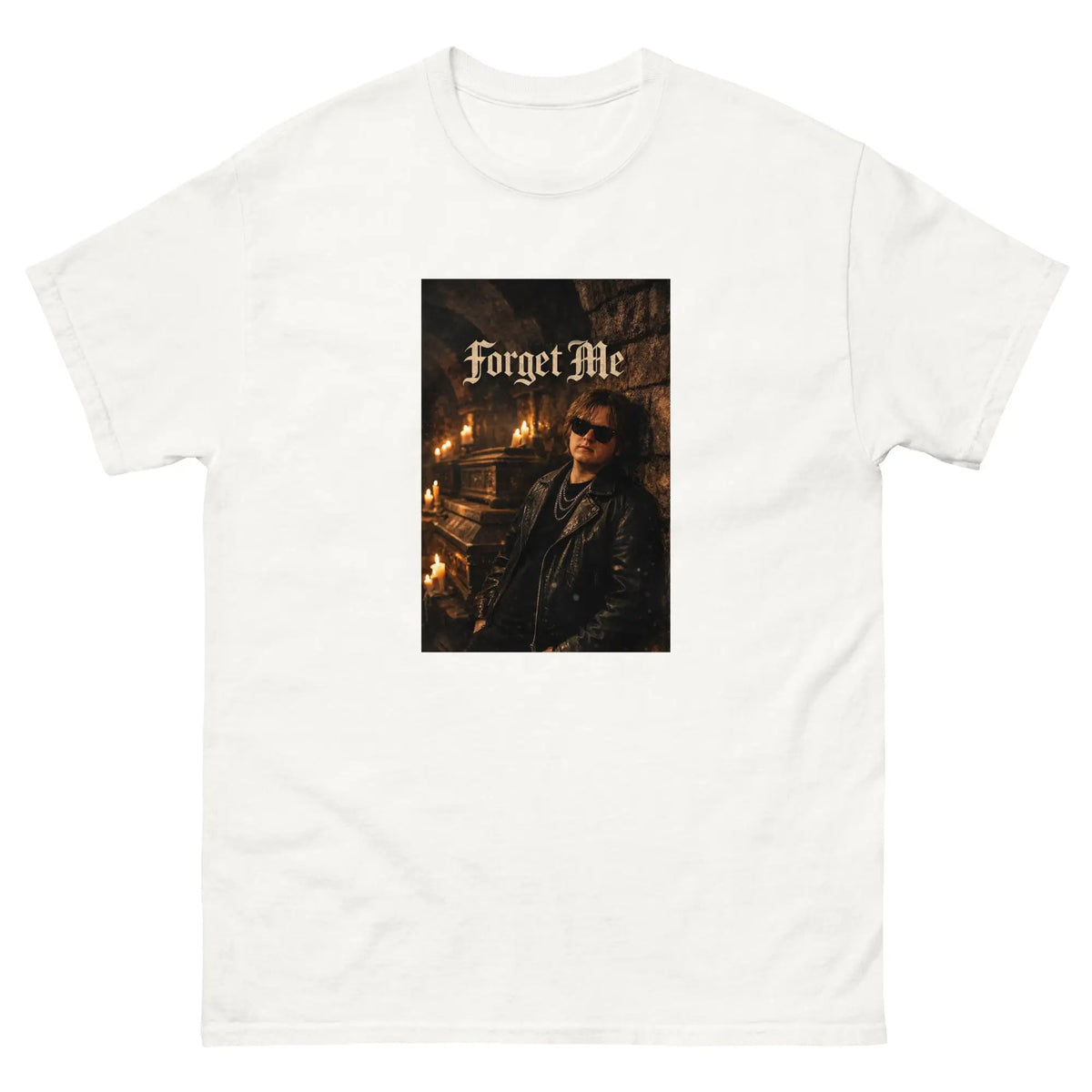 White unisex cotton T-shirt with 'Forget Me' gothic photo graphic on front