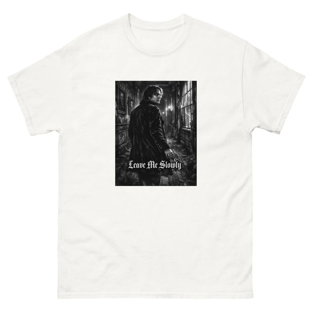 White unisex cotton T-shirt with front graphic of a gothic man and “Leave Me Slowly” text