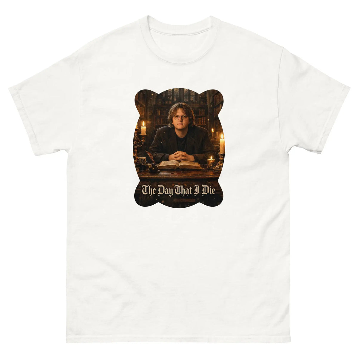 Unisex cotton T-shirt, white, front graphic print with portrait and text