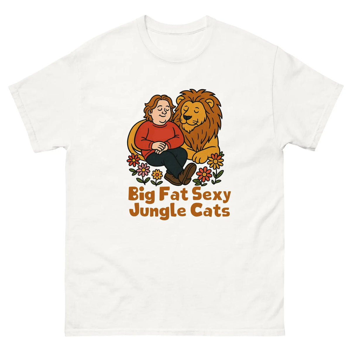 White cotton graphic tee with lion couple and 'Big Fat Sexy Jungle Cats' text