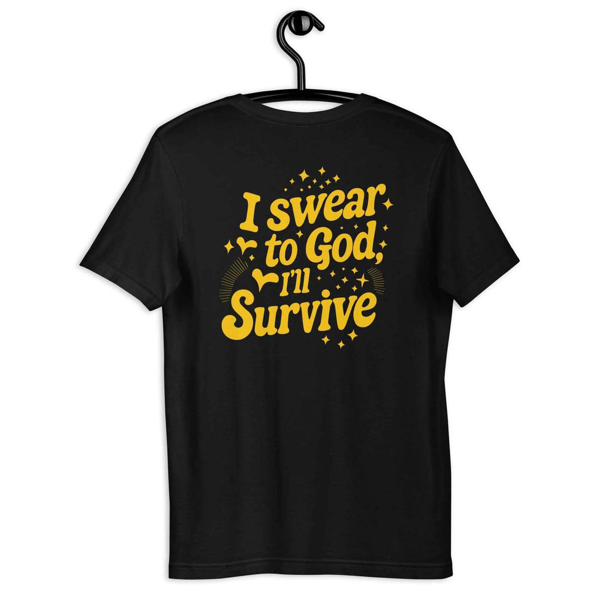 Black vintage graphic crew-neck T-shirt with gold slogan on back