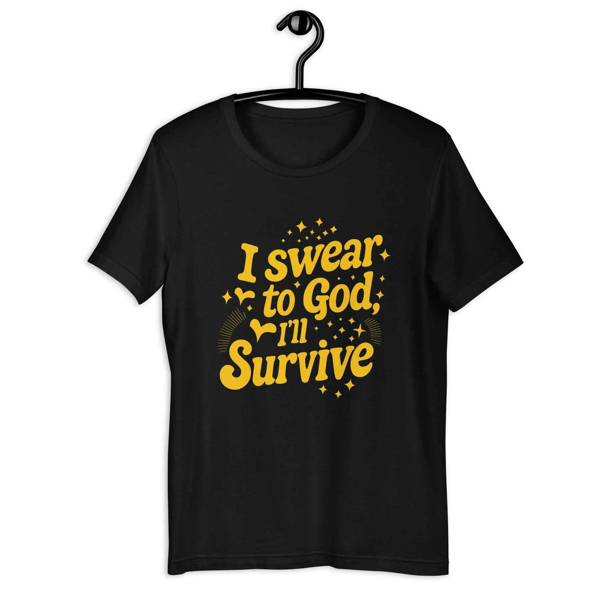 Black vintage graphic crew-neck T-shirt with gold slogan front