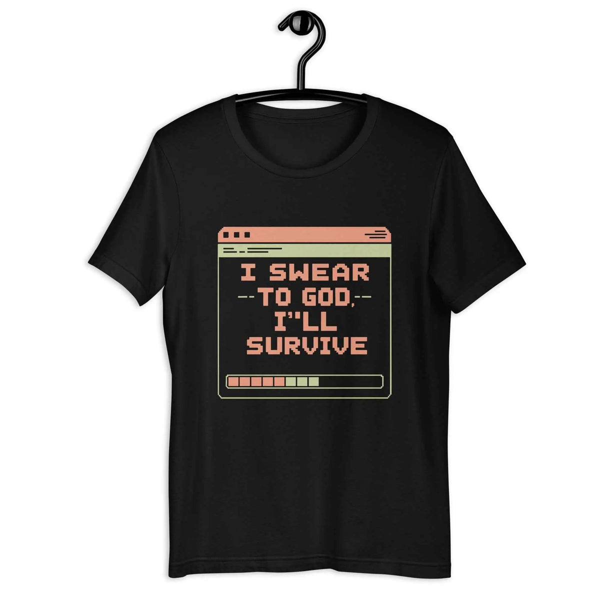 Unisex black graphic tee with “I swear to go, I’ll survive” front print