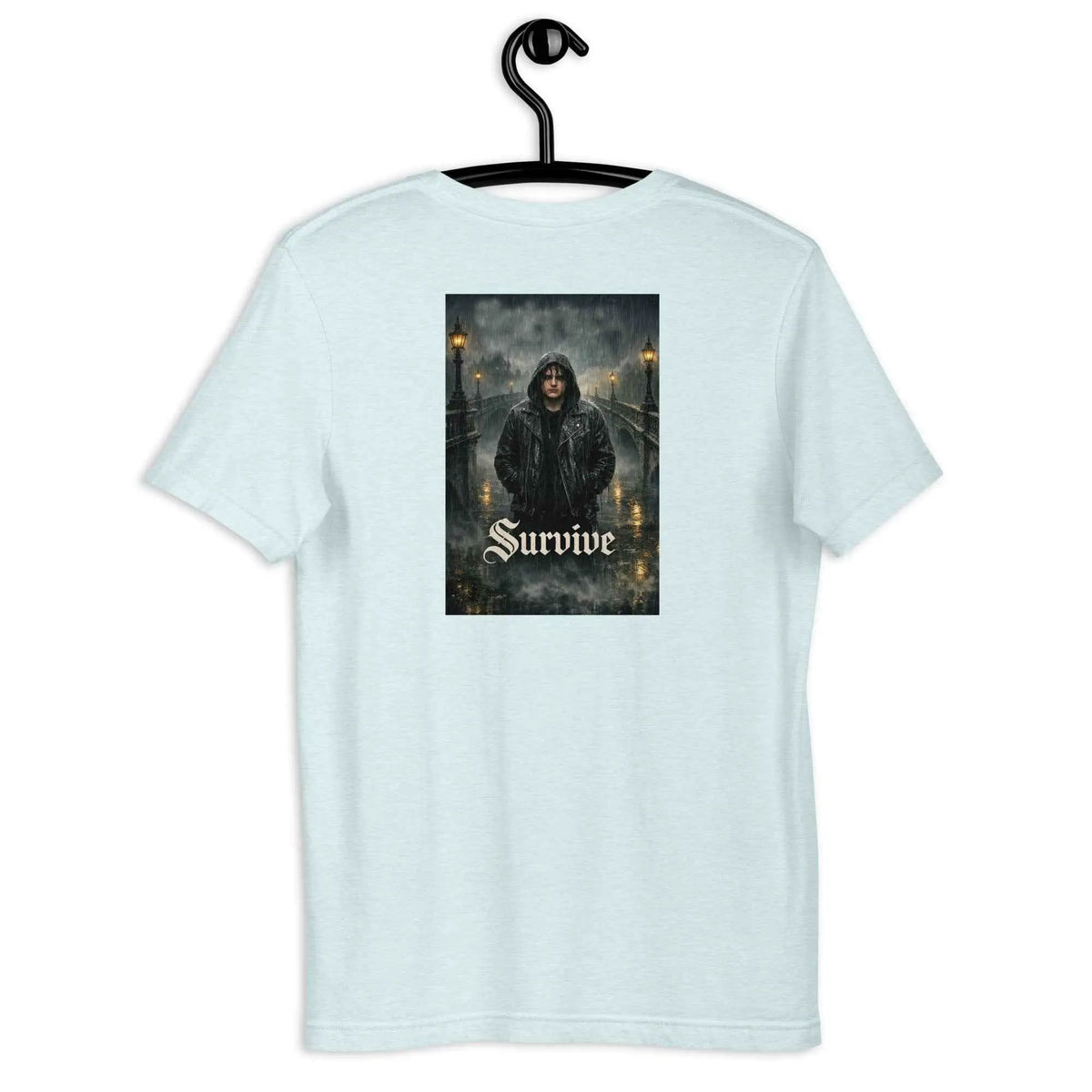 Unisex graphic slim-fit T-shirt, light blue, back Survive artwork centered