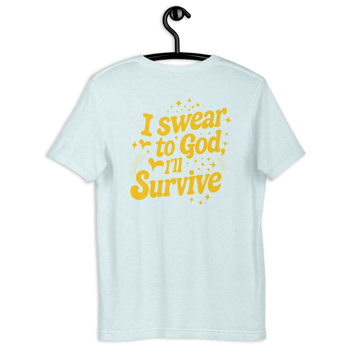 Light blue vintage graphic crew-neck T-shirt with gold slogan front