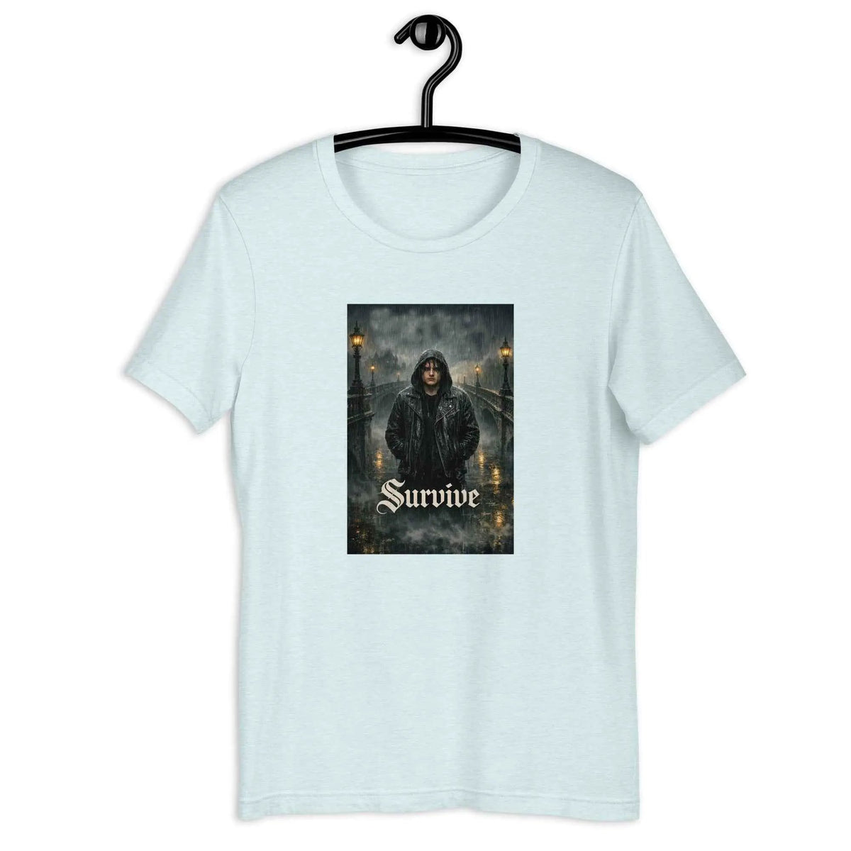 Unisex graphic slim-fit T-shirt, light blue, front Survive artwork on chest