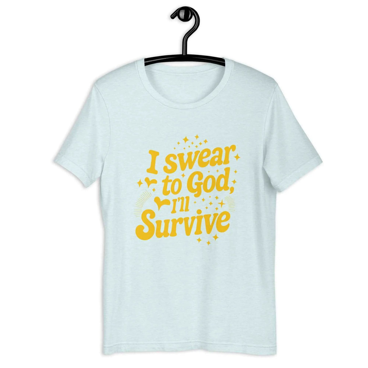 Light blue vintage graphic crew-neck T-shirt with gold slogan on back