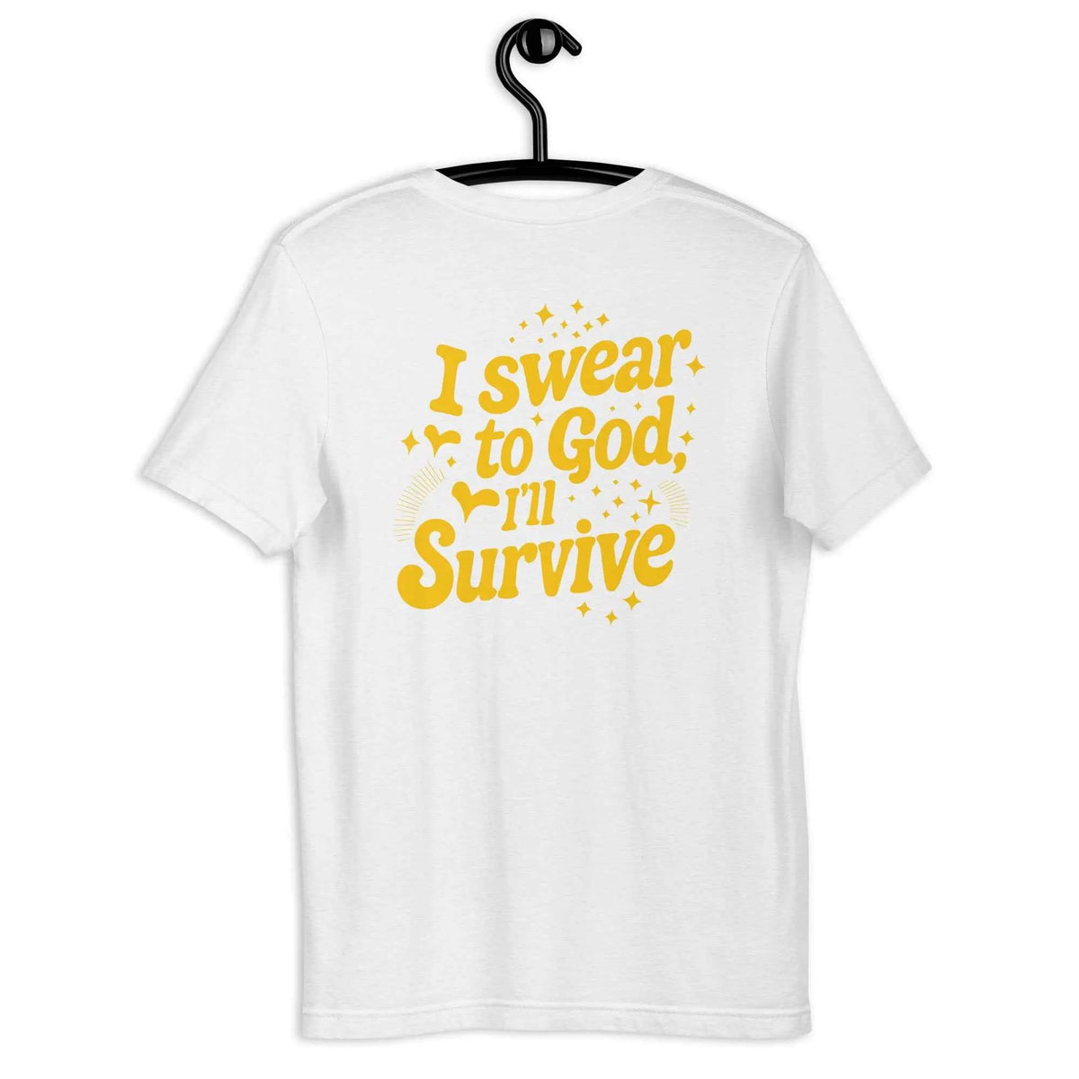 White vintage graphic crew-neck T-shirt with gold slogan on back