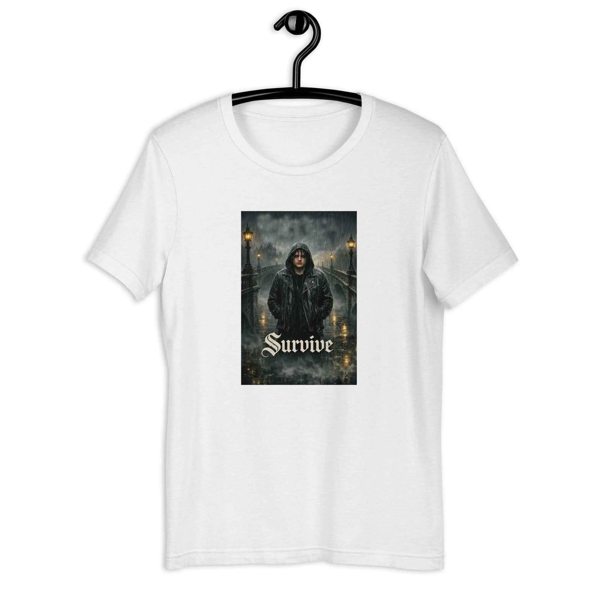 Unisex graphic slim-fit T-shirt, white, crew neck, front Survive artwork