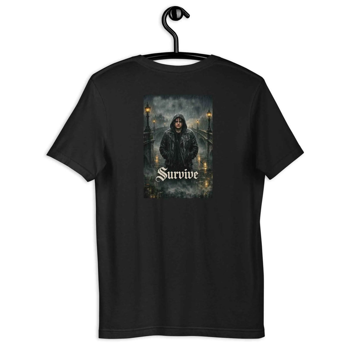 Unisex graphic slim-fit T-shirt, dark black, back Survive artwork centered