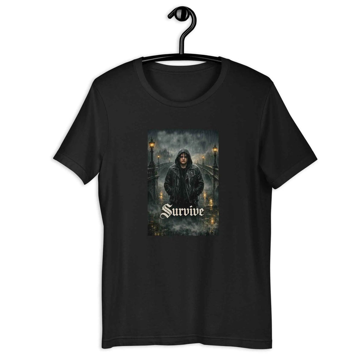 Unisex graphic slim-fit T-shirt, dark black, front Survive artwork on chest
