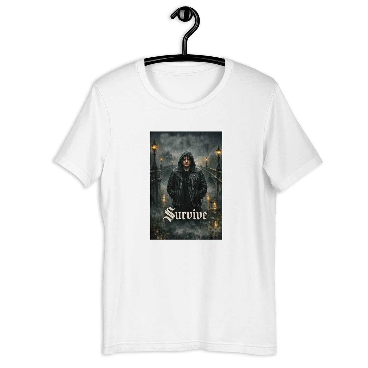 Unisex graphic slim-fit T-shirt, white, short-sleeve front Survive print